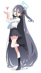  :d absurdly_long_hair absurdres aris_(blue_archive) black_hairband blue_archive blue_eyes blue_hair blue_necktie blush breast_pocket bright_pupils buttons collared_shirt dark_blue_hair female full_body grey_hair grey_skirt grey_socks hair_between_eyes hairband halo heart highres kandori leg_up legs long_hair long_hair_between_eyes long_legs looking_at_viewer miniskirt necktie no_shoes one_side_up open_mouth panties pantyshot pleated_skirt pocket school_uniform shirt shirt_tucked_in short_sleeves simple_background skirt smile socks solo standing standing_on_one_leg underwear upskirt very_long_hair white_background white_panties white_pupils white_shirt 