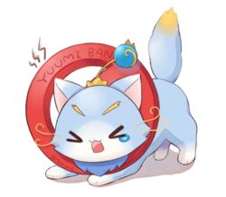  &gt;_&lt; 7mb_yut :3 all_fours animal_focus bell closed_mouth crown english_commentary feline league_of_legends no_humans no_symbol open_mouth simple_background tail tail_raised teardrop white_background x3 yuumi_(league_of_legends) 