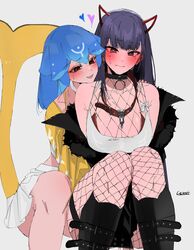  2girls absurdres akuma_nihmune akuma_nihmune_(2nd_costume) artist_name bao_(vtuber) bao_(vtuber)_(5th_costume) blue_hair blush bra breasts brown_eyes carrot_011 cetacean_tail commentary demon_girl demon_horns fins fish_tail fishnets hair_between_eyes heart highres horns hug implied_fingering indie_virtual_youtuber jacket large_breasts long_hair miniskirt mole mole_under_eye multiple_girls official_alternate_costume open_mouth simple_background sitting skirt symbol-only_commentary tail teeth tongue underwear virtual_youtuber watermark whale_girl white_background yellow_tail yuri 