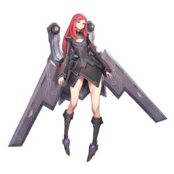  airplane_hair_ornament black_dress boots cleavage_cutout clothing_cutout dress female flat_chest full_body game_cg hair_ornament hairclip highres kakiman last_origin looking_at_viewer night_angel_(last_origin) official_art red_eyes red_hair solo tachi-e transparent_background wings 