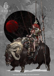  absurdres animal barbarian breasts bridle cleaver commentary_request cyborg disembodied_head extra_arms female highres holding holding_weapon horns long_hair mask moon original polearm red_eyes red_hair red_moon riding riding_animal sitting spear sword tattoo tree water_buffalo weapon xhr1997919 