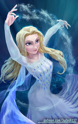  1girls arm_up bare_shoulders blonde_hair blue_background blue_eyes breasts cleavage commentary disney dress elsa_(frozen) female female_only frozen_(film) frozen_2 gluteal_fold hair_down hair_over_shoulder hand_up judash137 long_hair magic pale_skin patreon_username see-through_silhouette signature smile snowflakes solo standing watermark white_dress 