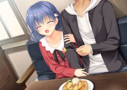  1boy 8kumagawa_(log) absurdres bad_id bad_pixiv_id black_jacket blue_hair blue_ribbon blush breasts cafe cat_hair_ornament closed_eyes collar collarbone commentary couch couple dating dracu-riot! dutch_angle eyelashes female fingernails food fork hair_between_eyes hair_ornament happy highres holding holding_fork indoors jacket locked_arms medium_hair mutsura_yuuto ofusa_hiyori on_couch open_mouth pancake red_jacket ribbon shirt sitting small_breasts smile straight table white_collar white_shirt window 