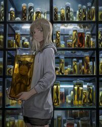  1other absurdres ambiguous_gender animal_ears bad_id bad_pixiv_id black_shorts blonde_hair blue_eyes carrying cat_ears cat_tail closed_mouth commentary drawstring expressionless female grey_hoodie highres hood hood_down hoodie in_container jar long_hair looking_at_viewer original shelf short_shorts shorts tail tomiya_(tomiya2117) 