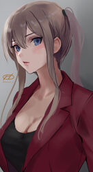  black_shirt blue_eyes breasts cleavage female graf_zeppelin_(kancolle) grey_background grey_hair hair_between_eyes haruto_(harut_n) jacket kantai_collection large_breasts long_hair long_sleeves looking_at_viewer one-hour_drawing_challenge open_clothes parted_lips red_jacket shirt sidelocks simple_background solo twintails twitter_username upper_body 