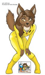  2004 alpha_channel amber_eyes anthony_sarkasuo anthro bent_over black_nose bowman&#039;s_wolf breasts brown_body brown_fur brown_hair canid canine canis claws clothed clothing digitigrade english_text female florence_ambrose freefall_(webcomic) fully_clothed fur hair jumpsuit logo looking_at_viewer mammal multicolored_body multicolored_fur red_wolf simple_background small_breasts smile solo text transparent_background two_tone_body two_tone_fur wolf 