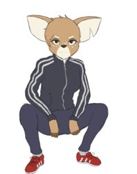  absurd_res anthro clothed clothing crouching deer eyebrows female freckles fur gopnik head_tuft hi_res mammal multicolored_body multicolored_fur nikita_perovskia qunteki serious serious_face simple_background slav_squat solo spots the_testimony_of_trixie_glimmer_smith thick_eyebrows tuft white_background 