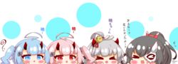  &gt;_&lt; 4girls :d absurdres ahoge akatsuki_(azur_lane) azur_lane black_hair blue_eyes blue_hair blush chibi closed_eyes commentary_request grey_hair hair_ornament hands_up hibiki_(azur_lane) high_ponytail highres horns ikazuchi_(azur_lane) inazuma_(azur_lane) kurukurumagical motion_lines multiple_girls oerba_yun_fang one_side_up open_mouth pink_hair ponytail red_eyes smile tears translated xd 