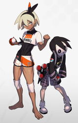  1boy abs ahoge allister_(pokemon) bad_id bad_pixiv_id barefoot bea_(pokemon) black_hair blue_eyes bodysuit bodysuit_under_clothes breasts commentary covered_navel dark-skinned_female dark_skin female gloves grey_eyes grey_hair hair_between_eyes hairband highres holding holding_poke_ball kaoruko_(unkrk55) looking_at_viewer mask poke_ball poke_ball_(basic) pokemon pokemon_swsh purple_eyes shirt short_hair short_sleeves shorts simple_background single_glove suspender_shorts suspenders white_shirt wristband 