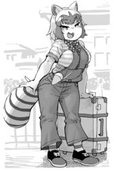  :d absurdres alternate_costume animal_ears casual commentary common_raccoon_(kemono_friends) curvy female full_body greyscale hare_(tetterutei) highres kemono_friends kemono_friends_3 monochrome oerba_yun_fang open_mouth overalls raccoon_ears raccoon_girl raccoon_tail shirt shoes short_hair short_sleeves smile socks striped_clothes striped_shirt suitcase tail 