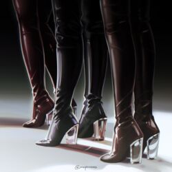  3girls black_footwear boots brown_footwear commentary_request high_heel_boots high_heels latex legs lineup multiple_girls original out_of_frame red_footwear standing thigh_boots thighhighs transparent weyowang 