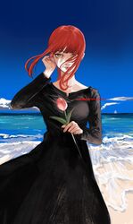  beach black_dress blue_sky braid braided_ponytail breasts chainsaw_man closed_mouth cloud cloudy_sky commentary cowboy_shot day dress eyelashes female flower hair_over_one_eye hand_in_own_hair highres holding holding_flower kamo_(kamonegioisi) lips long_sleeves looking_at_viewer makima_(chainsaw_man) medium_breasts medium_hair ocean outdoors pink_flower red_hair ringed_eyes sidelocks sky solo symbol-only_commentary tulip twitter_username waves wind yellow_eyes 