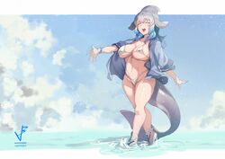  ^_^ absurdres aged_up alternate_breast_size artist_logo bare_legs bikini bikini_under_clothes blowhole blue_hair blue_shirt breasts cetacean_tail choker closed_eyes collarbone common_bottlenose_dolphin_(kemono_friends) covered_nipples day dolphin_girl dorsal_fin female fins fish_tail full_body grey_hair groin hair_between_eyes halterneck happy head_fins highleg highleg_bikini highres horizon iparupua kemono_friends large_breasts letterboxed long_hair micro_bikini multicolored_hair navel no_pants ocean open_clothes open_mouth open_shirt outdoors outstretched_arms outstretched_hand shirt shoes sky smile solo splashing spread_fingers stomach swimsuit tail wading walking water white_bikini 