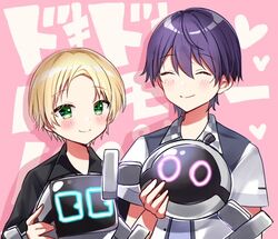  2boys ^_^ black_shirt blonde_hair blush checkered closed_eyes closed_mouth collared_shirt commentary_request green_eyes hair_between_eyes heart holding jacket kenmochi_touya male_focus minami_saki multiple_boys nijisanji open_clothes open_jacket parted_bangs pink_background purple_hair purple_shirt robot shirt short_sleeves smile suzuya_aki text_background translation_request upper_body virtual_youtuber white_jacket 