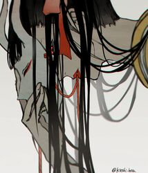  1boy akazu_kieshi black_hair blurry depth_of_field hair_ribbon hannya kikunojo_(one_piece) lipstick long_hair looking_at_viewer makeup male_focus mask noh_mask one_piece oni_mask otoko_no_ko red_eyes ribbon robe simple_background solo string very_long_hair white_background yellow_robe 