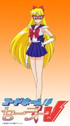  1990s_(style) aino_minako bishoujo_senshi_sailor_moon blonde_hair blue_eyes blue_skirt bow choker codename_wa_sailor_v copyright_name copyright_notice elbow_gloves female gloves gradient_background hairbow long_hair magical_girl mask midriff miniskirt non-web_source official_art orange_background pleated_skirt retro_artstyle sailor_senshi_uniform sailor_v skirt solo standing strappy_heels tadano_kazuko very_long_hair 