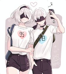  1boy 2b_(nier:automata) 9s_(nier:automata) bag black_hairband black_shorts blindfold blue_heart blush bob_cut border breasts casual cellphone choker couple covered_eyes cowboy_shot dinikee female hairband heart holding_another&#039;s_arm holding_person large_breasts mole mole_under_mouth nier:automata nier_(series) phone selfie shirt short_hair short_shorts short_sleeves shorts smartphone smile straight t-shirt white_border white_hair white_shirt 