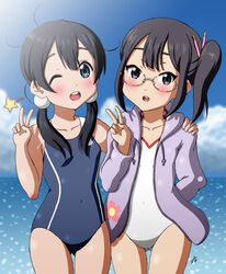  2girls asagiri_shiori black_hair blue_eyes blush closed_mouth double_v glasses hand_on_another&#039;s_shoulder highres kitashirakawa_tamako long_hair multiple_girls one-piece_swimsuit one_eye_closed open_mouth swimsuit tamako_market v vzmk2 