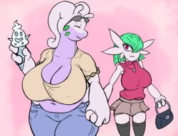  2019 3_fingers antennae_(anatomy) anthro belly big_breasts bottomwear breasts cleavage closed_eyes clothed clothing denim denim_bottomwear denim_clothing dirtrossrisen dragon duo eyelashes eyewear eyewear_on_head female fingers food footwear frame_bag gardevoir generation_3_pokemon generation_5_pokemon generation_6_pokemon goodra hair hand_holding handbag happy hi_res holding_food holding_object huge_breasts jeans jewelry legwear mammal midriff mythological_creature mythological_scalie mythology navel necklace nintendo overweight overweight_female pants pink_eyes pokemon pokemon_(species) romantic romantic_couple scalie shirt skirt sleeveless smile socks sunglasses thick_thighs thigh_highs topwear vanillish walking wide_hipped_female wide_hips 