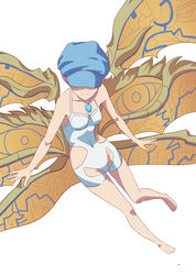  blue_hat breasts casual_one-piece_swimsuit chest_jewel closed_mouth collarbone covered_navel female full_body hat kageyasu obrona_(xenoblade) one-piece_swimsuit simple_background smile solo swimsuit white_background white_one-piece_swimsuit wings xenoblade_chronicles_(series) xenoblade_chronicles_2 