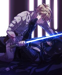  2boys animification blonde_hair blue_eyes blue_lightsaber darth_vader energy_sword father_and_son holding_lightsaber incest jju_(nile12634) lightsaber looking_at_another luke_skywalker male_focus multiple_boys scar star_wars star_wars:_the_empire_strikes_back sword weapon yaoi 