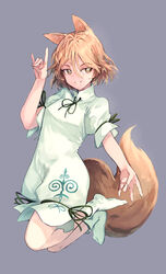  animal_ears blonde_hair commentary_request female fox_ears fox_girl fox_shadow_puppet fox_tail full_body grey_background grin hair_between_eyes hand_up highres jichou_senshi kudamaki_tsukasa looking_to_the_side romper short_hair short_sleeves simple_background smile solo tail touhou white_legwear white_romper 