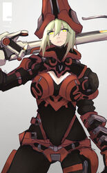  armor bad_id bad_pixiv_id blonde_hair breasts cleavage cleavage_cutout closed_mouth clothing_cutout commentary eyes_visible_through_hair female grineer gun hair_between_eyes helmet highres holding holding_gun holding_weapon kuva_lich large_breasts looking_at_viewer looking_down m_r_b rifle short_hair simple_background solo warframe weapon yellow_eyes 