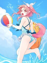  :o angry ass back back_bow ball barefoot beachball blue_bow blue_one-piece_swimsuit blue_sky bow bow_swimsuit bracelet breasts casual_one-piece_swimsuit cloud commentary_request cross-laced_clothes dated day feet female floating_hair foot_out_of_frame frilled_one-piece_swimsuit frills from_side hair_ribbon holding holding_ball holding_swim_ring horizon innertube itsuki_(s2_129) jewelry kneepits leg_up light_blush long_hair looking_at_viewer looking_back millie_chliette necklace ocean one-piece_swimsuit one_side_up open_mouth outdoors pink_hair plaid plaid_swimsuit pointy_ears red_eyes ribbon rope scowl short_hair_with_long_locks sidelocks sky small_breasts solo splashing standing standing_on_one_leg star_ocean star_ocean_anamnesis star_ocean_first_departure summer swim_ring swimsuit tail tail_through_clothes thighs twitter_username v-shaped_eyebrows wading water white_ribbon 