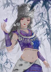  absurdres armband bamboo black_hair bug butterfly crown female hair_ornament hand_up highres jewelry long_hair looking_to_the_side necklace purple_shirt purple_skirt qinshi_mingyue shi_lan_(qinshi_mingyue) shi_lan_ba_guan_bo shirt skirt solo upper_body 