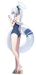  absurdres ass bare_shoulders blue_archive blue_halo blue_ribbon casual_one-piece_swimsuit cellphone feet female from_behind full_body grey_hair hair_ribbon halo highres holding holding_phone hutosutoro long_hair miyako_(blue_archive) miyako_(swimsuit)_(blue_archive) official_alternate_costume one-piece_swimsuit phone pointy_ears purple_eyes ribbon sandals simple_background solo standing swimsuit white_background 