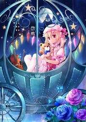  absurdres ascot bell_tower blonde_hair blue_flower blue_rose bow_(music) bug butterfly carriage dress female flandre_scarlet flower full_moon glowing glowing_wings gyaza hat hat_ribbon highres instrument mob_cap moon night pantyhose pentagon_(shape) pentagram pink_flower pink_rose puffy_sleeves purple_flower purple_rose red_dress red_eyes ribbon rose scarlet_devil_mansion shirt short_sleeves side_ponytail sitting solo star_(symbol) stuffed_animal stuffed_toy teddy_bear touhou violin white_pantyhose wings 