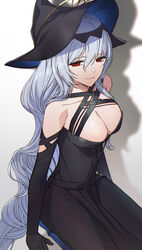  arknights bare_shoulders black_dress black_gloves black_headwear breasts cleavage closed_mouth dress elbow_gloves female gloves gradient_background grey_background grey_hair hair_between_eyes highres long_hair looking_at_viewer medium_breasts oxy_(ho2) red_eyes shadow smile solo specter_(arknights) specter_the_unchained_(arknights) specter_the_unchained_(born_as_one)_(arknights) very_long_hair white_background 