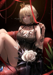  absurdres arm_tattoo bad_id bad_pixiv_id black_background black_choker black_dress blonde_hair breasts choker cleavage closed_mouth commission couch cream_(cream) crown crystal dress female flower highres light_smile looking_at_viewer medium_breasts minttchocok mole mole_under_eye on_couch original pixiv_commission red_eyes red_ribbon ribbon rose short_hair sitting solo tattoo thighs twitter_username watermark white_flower white_rose 