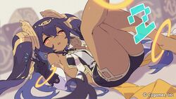  anklet ass barefoot black_gloves black_hair blurry blurry_background blurry_foreground breasts bright_pupils cygames dark-skinned_female dark_skin depth_of_field earrings egyptian_clothes female gloves hair_ornament jewelry long_hair lying nephtim_(world_flipper) official_art orange_eyes short_shorts shorts small_breasts solo tanaka_(cow) twintails v very_long_hair world_flipper 