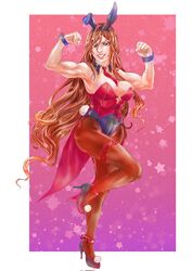  altena_(fire_emblem) alternate_costume breasts brown_eyes brown_hair cleavage female fire_emblem fire_emblem:_genealogy_of_the_holy_war flexible grin highres large_breasts long_hair muscular muscular_female playboy_bunny smile solo tiametta very_long_hair 