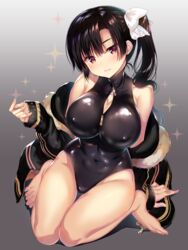  bare_shoulders black_hair black_jacket black_one-piece_swimsuit breasts brown_eyes cleavage commentary_request covered_navel female front_zipper_swimsuit gakkou_de_seishun! gradient_background grey_background highres jacket kamino_saori large_breasts long_hair looking_at_viewer meme_attire one-piece_swimsuit sanshoku_amido smile solo swimsuit thighs zipper 