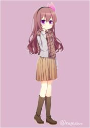  alpha_signature alternate_costume boots brown_hair casual commentary_request diadem duplicate female full_body kantai_collection kisaragi_(kancolle) knee_boots long_hair nagasioo pink_background pixel-perfect_duplicate plaid plaid_scarf pleated_skirt purple_eyes scarf skirt smile solo standing sweater twitter_username 