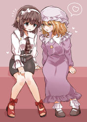  2girls :d absurdres black_skirt blonde_hair bobby_socks bow breasts brown_eyes brown_hair commentary_request dress flustered frills full_body gradient_background hairband hairbow hat heart hexagram highres knees_together_feet_apart looking_at_another maribel_hearn medium_breasts mob_cap multiple_girls no_headwear notice_lines open_mouth purple_background purple_dress salt_(seasoning) shirt short_hair simple_background sitting skirt small_breasts smile socks spoken_heart star_of_david touhou usami_renko white_bow white_headwear white_shirt 