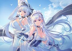  2girls animal anthro azur_lane belfast_(azur_lane) bird blue_eyes breasts cleavage criin_(659503) dress elbow_gloves gloves hat illustrious_(azur_lane) long_hair maid purple_eyes sky white_hair 