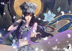  bell bug butterfly crown female flower glowing_butterfly hair_ornament jewelry midriff moon mountain night night_sky outstretched_hand purple_shirt purple_skirt qinshi_mingyue shi_lan_(qinshi_mingyue) shi_lan_ba_guan_bo shirt skirt sky solo 