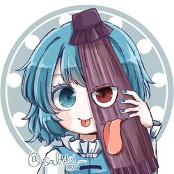  :p blue_eyes blue_hair blue_nails blue_vest closed_mouth female heterochromia highres holding holding_umbrella karakasa_obake nail_polish red_eyes salt_(seasoning) shirt short_hair simple_background smile solo tatara_kogasa tongue tongue_out touhou twitter_username umbrella upper_body vest white_shirt 