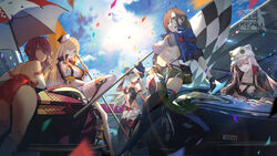  5girls :o :q adjusting_eyewear artist_request ass blonde_hair blue_eyes blue_sky boots breasts car checkered_flag cloud commentary_request confetti cross cross_earrings dark-skinned_female dark_skin day earrings elbow_gloves eyewear_on_head flag girls&#039;_frontline gloves grey_hair hair_between_eyes hair_ornament highres holding holding_flag jacket jewelry knee_up korean_commentary large_breasts leotard logo long_hair looking_at_viewer m2hb_(cheers_on_the_blazing_tarmac)_(girls&#039;_frontline) m2hb_(girls&#039;_frontline) motor_vehicle multiple_girls official_alternate_costume official_art open_clothes open_jacket orange_eyes outdoors p22_(girls&#039;_frontline) p22_(pulsing_dash)_(girls&#039;_frontline) pink_hair ppk_(girls&#039;_frontline) ppk_(mach_tempest)_(girls&#039;_frontline) purple_hair race_queen race_vehicle racecar red_eyes saiga-12_(crimson_navigator)_(girls&#039;_frontline) saiga-12_(girls&#039;_frontline) short_hair sidelocks sitting sky smile standing sunglasses thigh_boots thighhighs thighs tongue tongue_out twintails ukm-2000_(breakneck_whirlwind)_(girls&#039;_frontline) ukm-2000_(girls&#039;_frontline) yellow_eyes 