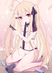  absurdres ahoge bad_id bad_pixiv_id bare_arms bare_legs bare_shoulders barefoot black_ribbon blonde_hair bra brushing_hair brushing_own_hair closed_mouth comb female hair_ornament hair_ribbon hairclip heart heart_ahoge highres holding holding_comb indoors long_hair mouth_hold navel niliu_chahui original panties photoshop_(medium) red_eyes ribbon ribbon_in_mouth sitting solo sparkle tokisaki_asaba_(niliu_chahui) underwear underwear_only v-shaped_eyebrows very_long_hair wariza white_bra white_panties wooden_floor 