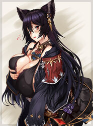  alternate_breast_size animal_ears bad_id bad_pixiv_id bags_under_eyes bare_shoulders black_dress black_hair breast_hold breasts cleavage commentary_request covered_nipples dress erune female flying_sweatdrops granblue_fantasy highres huge_breasts ill_(0022) long_hair looking_at_viewer nier_(granblue_fantasy) open_mouth red_background red_eyes solo very_long_hair 