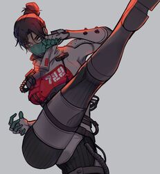  apex_legends bad_id bad_twitter_id black_hair blue_eyes bodysuit boots breasts cable clenched_hand female glowing glowing_eyes grey_background grey_footwear hair_behind_ear hair_bun highres kicking looking_at_viewer mask medium_breasts mouth_mask open_hand parted_bangs quarantine_722_wraith single_hair_bun solo tsukura_sae white_bodysuit wraith_(apex_legends) 