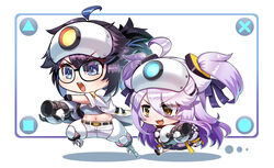  2girls :3 agustinus ahoge aperture_science_handheld_portal_device atlas_(portal) atlas_(portal)_(cosplay) belt black_belt black_gloves black_jacket blue_eyes breasts chest_sarashi chibi cosplay crocs glasses gloves hair_between_eyes hair_ornament hairpin henya_the_genius henya_the_genius_(1st_costume) highres jacket kson large_breasts long_bangs long_hair looking_at_viewer multicolored_clothes multicolored_jacket multiple_girls navel open_mouth p-body p-body_(cosplay) pants ponytail portal_(series) portal_2 purple_jacket sarashi sidelocks souchou teeth two-tone_jacket two_side_up upper_teeth_only virtual_youtuber vshojo white_jacket white_pants yellow_eyes yellow_footwear 