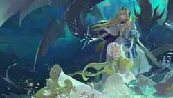  2girls absurdres alchemy_stars anniversary antiquewhite aurora bethlehem_(alchemy_stars) blonde_hair blue_eyes cape capelet closed_eyes commentary dragon dress flower fur-trimmed_cape fur_trim headpiece highres holding_hands ice long_dress long_hair looking_at_viewer multiple_girls nikinis_(alchemy_stars) official_art open_mouth outdoors outstretched_arm parted_lips sitting sleeveless sleeveless_dress smile standing star_(sky) white_dress wind 