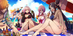  2boys 5girls ahoge alcohol archer_(fate) artoria_pendragon_(fate) ass baseball_cap beach beach_towel beach_umbrella bikini black-framed_eyewear black_bikini black_choker black_hair black_jacket blonde_hair blue_bikini blue_eyes blue_headwear blue_jacket blue_sky bottle bow_swimsuit breasts can choker commentary_request cropped_jacket cup dark-skinned_male dark_skin day dress_swimsuit fate/grand_order fate_(series) food glasses green_eyes grey_hair hair_bun hair_over_one_eye hair_through_headwear hat hawaiian_shirt highres holding holding_can holding_cup holding_food horns ibaraki_douji_(fate) ibaraki_douji_(swimsuit_lancer)_(fate) ibaraki_douji_(swimsuit_lancer)_(first_ascension)_(fate) jacket jacket_over_swimsuit jeanne_d&#039;arc_alter_(fate) jeanne_d&#039;arc_alter_(swimsuit_berserker)_(fate) large_breasts long_hair mash_kyrielight mash_kyrielight_(swimsuit_of_perpetual_summer) medium_breasts moyashi_mou2 multiple_boys multiple_girls mysterious_heroine_xx_(fate) o-ring o-ring_bikini o-ring_top official_alternate_costume one-piece_swimsuit oni oni_horns orange_hair outdoors parted_bangs purple_eyes purple_hair robin_hood_(fate) robin_hood_(summer_hunter)_(fate) shirt short_hair shrug_(clothing) side-tie_bikini_bottom side_ponytail single_hair_bun sitting sky swimsuit towel umbrella ushiwakamaru_(fate) ushiwakamaru_(swimsuit_assassin)_(fate) ushiwakamaru_(swimsuit_assassin)_(first_ascension)_(fate) white_bikini white_hair white_one-piece_swimsuit yellow_eyes yellow_jacket 