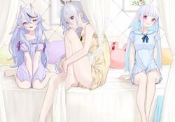  3girls ahoge bad_id bad_pixiv_id bare_legs barefoot bed between_legs black_hair blue_camisole blue_dress blue_hair blunt_bangs breasts camisole closed_mouth colored_inner_hair commentary day dress full_body grin hair_between_eyes hand_between_legs highres higuchi_kaede horns hugging_own_legs indoors knee_to_chest light_blue_hair lize_helesta long_hair looking_at_viewer medium_breasts mole mole_under_eye mole_under_mouth multicolored_hair multiple_girls nijisanji open_mouth pillow pink_eyes pointy_ears purple_eyes rabbit-shaped_pillow rindou_mikoto sailor_collar short_dress sitting skin-covered_horns sleeveless smile streaked_hair tamayume thighs virtual_youtuber wariza white_hair yellow_camisole 