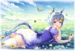  animal_ears back_bow bare_arms blue_bow blue_eyes blue_hair blue_neckerchief blush border bow breasts bug building butterfly butterfly_on_hand cloud dappled_sunlight day ear_scrunchie elbow_rest falling_petals female fence field flower from_side grey_hair hair_ornament hairclip hand_on_own_face head_rest horse_ears horse_girl horse_tail jiji_(381134808) looking_at_viewer lying miniskirt neckerchief on_stomach outdoors petals pleated_skirt school_uniform seiun_sky_(umamusume) serafuku shirt short_hair short_sleeves skindentation skirt sky smile solo sunlight tail thighhighs tracen_school_uniform umamusume white_flower white_shirt white_thighhighs wind yellow_flower zettai_ryouiki 